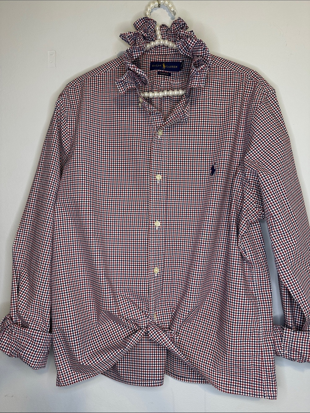 Ralph Lauren Red and Blue Small Gingham Ruffled collar Shirt